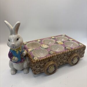 Vtg CBK Hand painted Crackled Ceramic Bunny Rabbit Egg Cart Carrier Easter 2000
